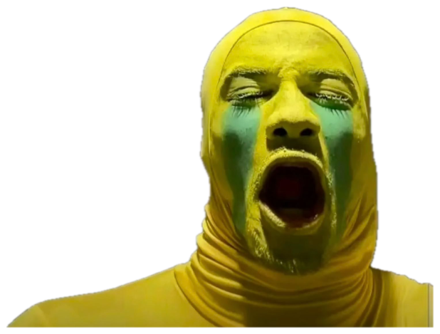 Person in a yellow full-body suit and yellow face paint screaming with eyes shut sticker