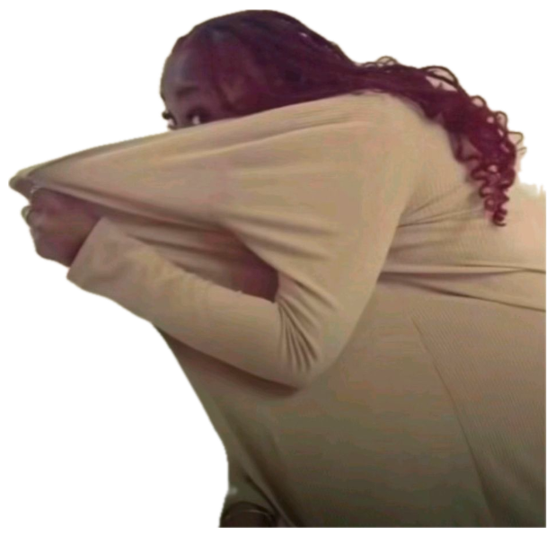 Woman in a cream top pulling the fabric up over her face and peering out with wide eyes sticker