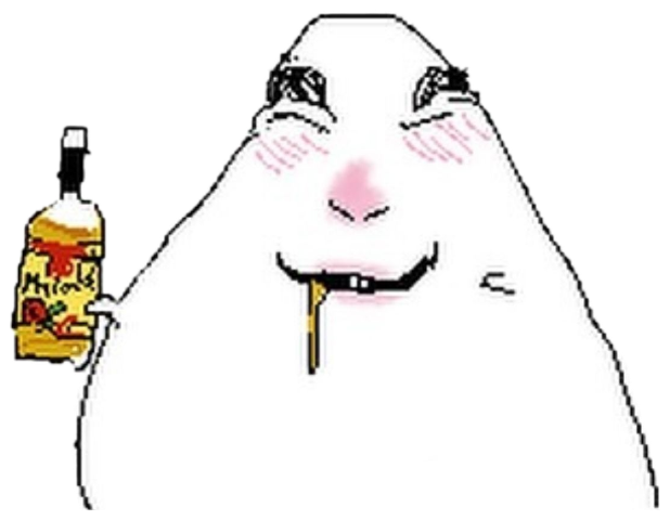 Crude doodle face flushed pink, clutching a liquor bottle with a drink dribbling out sticker