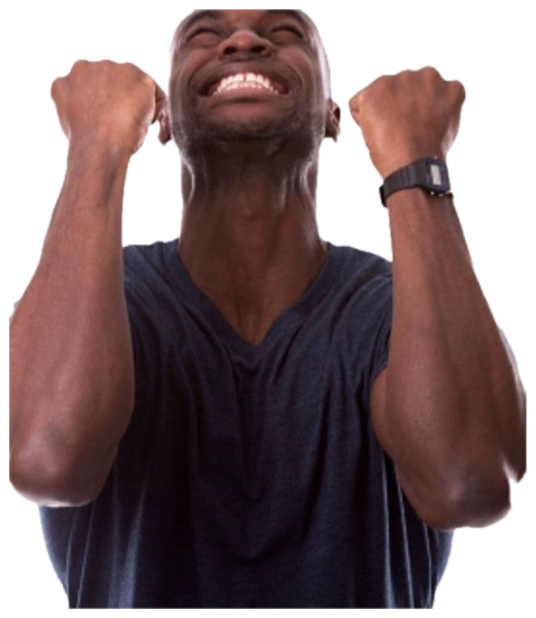 Man in dark t-shirt pumping both fists in the air with eyes closed, ecstatic sticker