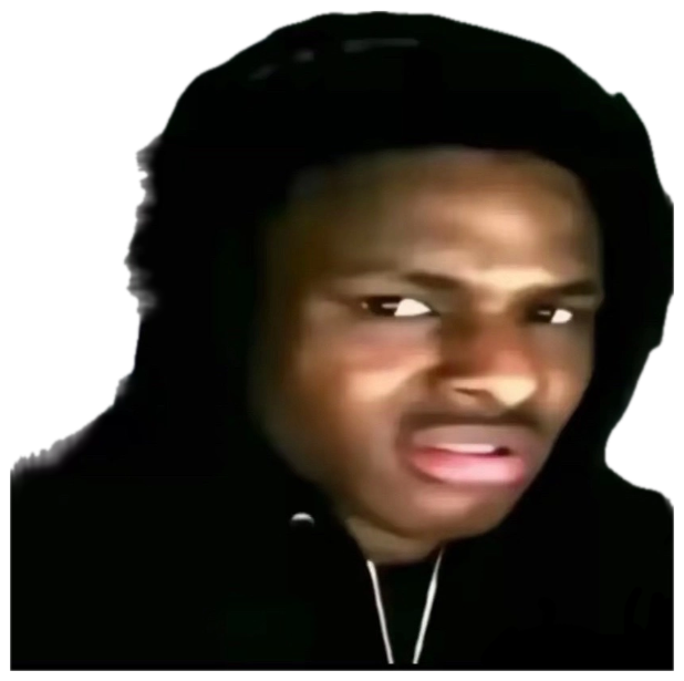 Guy in a black hoodie staring sideways with glowing eyes and a knowing smirk sticker