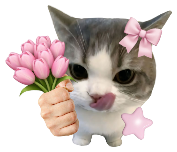 Cute grey cat with a pink bow offering a bouquet of pink tulips with big sad eyes sticker