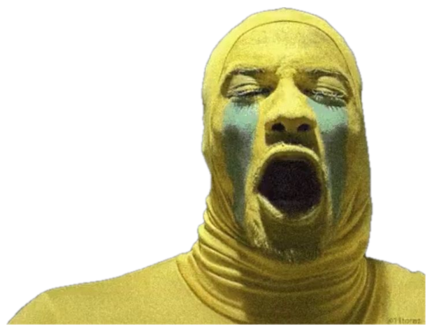 Man in a yellow bodysuit wailing with painted tears, captioned 'Son' plus crying emoji sticker