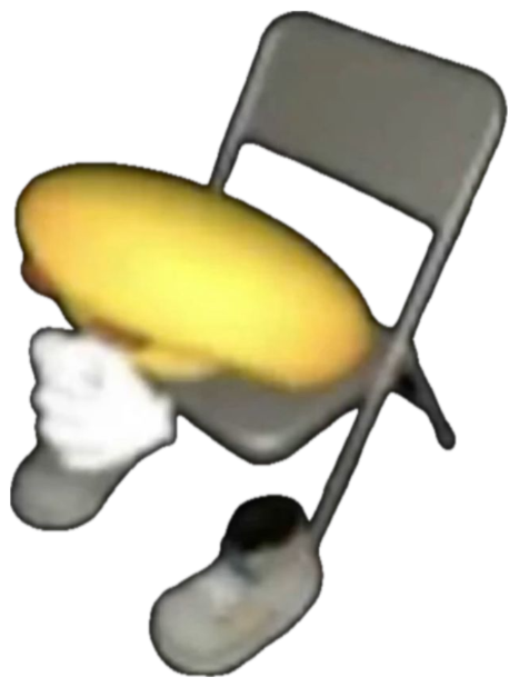 Blurry cursed image of a foam blob slumped on a folding chair sticker