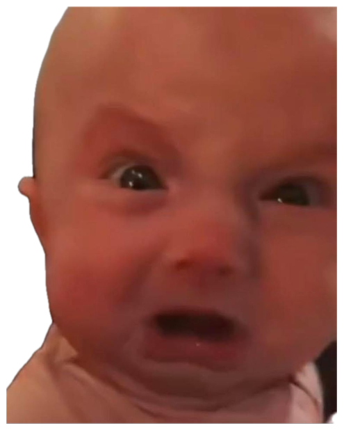 Newborn baby with wide startled eyes and a furrowed brow staring at the camera sticker