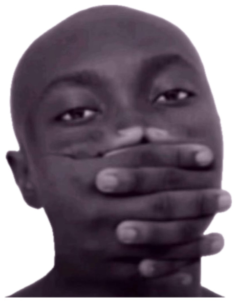 Person covering their mouth with both hands in a grainy black-and-white close-up, laughing and shocked sticker