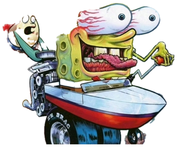 Wild bloodshot-eyed SpongeBob driving a flaming hot-rod boat car sticker