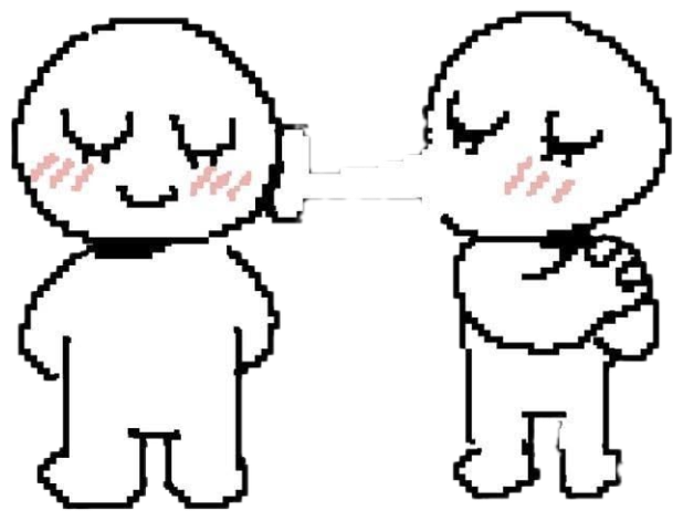 Two pixel art stick figures, one reaching to boop the other's cheek with a heart above sticker