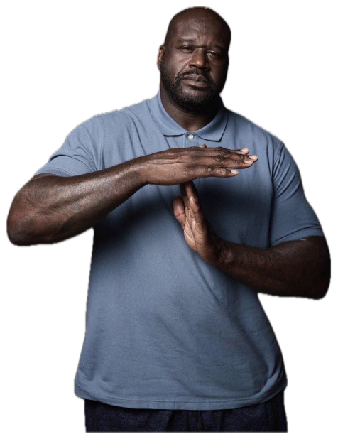 Shaquille O'Neal making a deliberate time-out hand signal with a serious face sticker