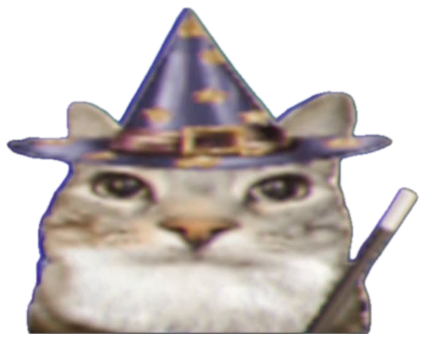 Wizard cat in a starry hat holding a wand, deadpan, captioned 'i cast itchy balls' sticker