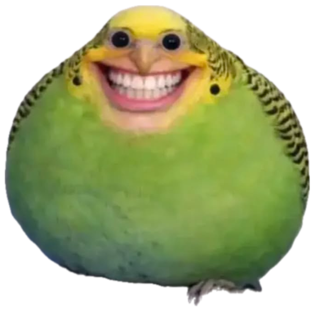 A cursed parakeet edited with a wide human grin perched on a branch sticker