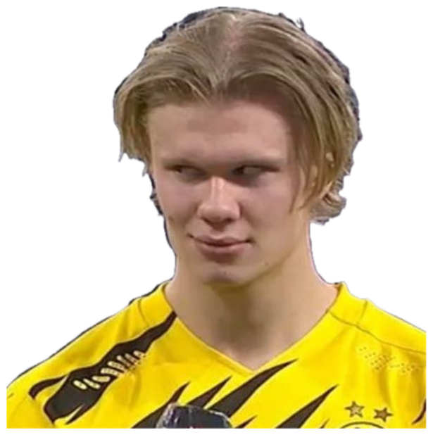 Erling Haaland in a yellow kit giving a smug little sideways smirk after a match sticker