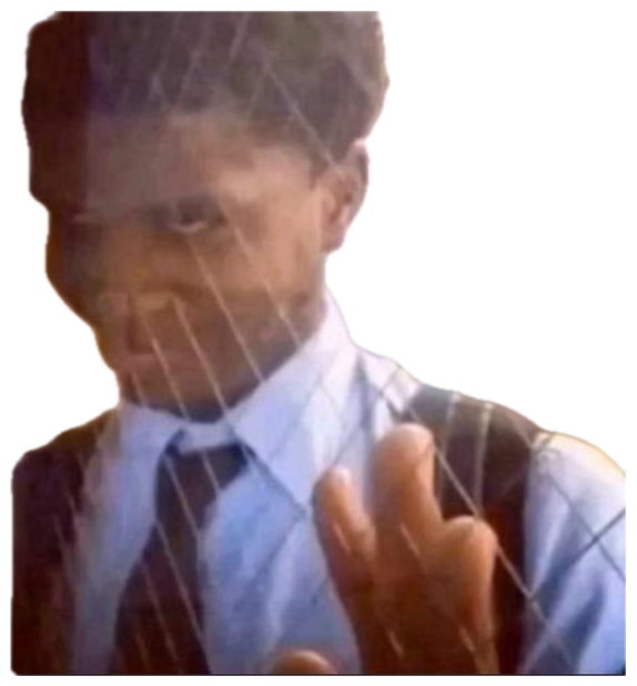 Kid in a school uniform peering through a fence with a menacing side-eye sticker