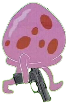 Cartoon pink blob creature holding a handgun as it walks through grass sticker