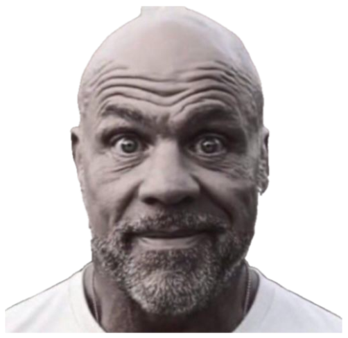 Bald bearded man with eyebrows sky-high and a tight, worried grimace sticker