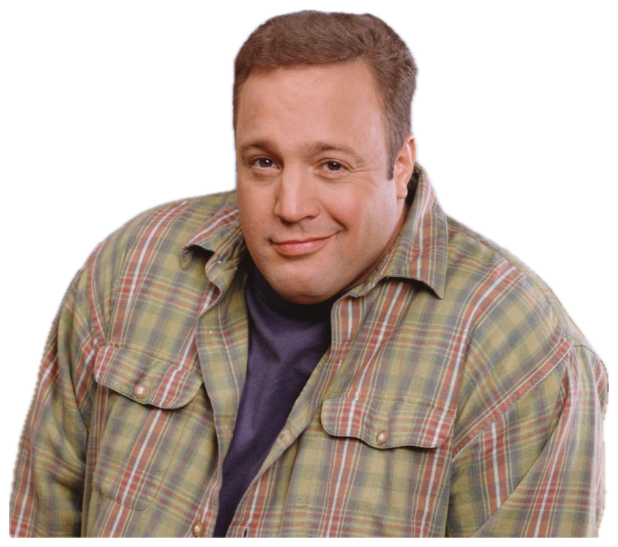 Kevin James in a plaid shirt giving a slightly awkward closed-mouth smirk sticker
