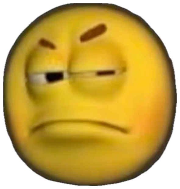 3D yellow emoji ball with one raised brow and a permanent scowl, done with everything sticker
