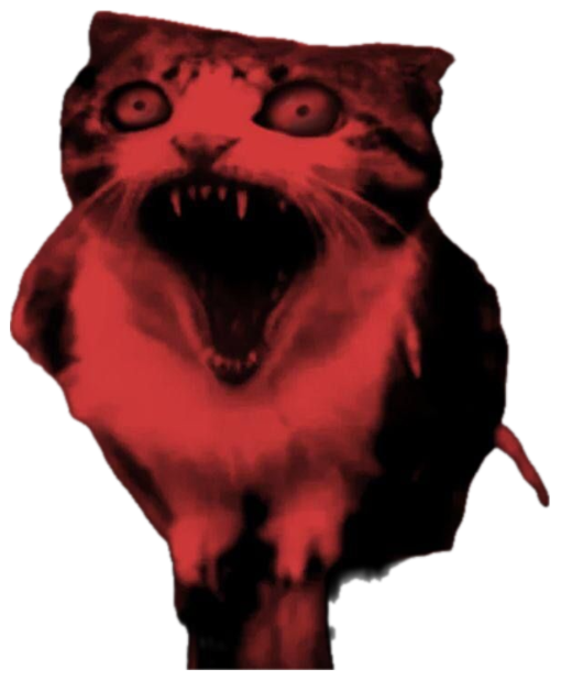 Red-tinted cursed cat screaming wide-mouthed with glowing eyes sticker