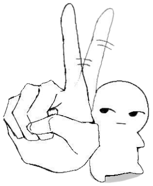 Tiny cartoon figure doing a peace sign next to a hand, radiating unbothered energy sticker