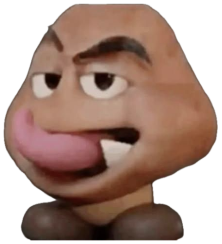 Cursed Goomba face with a raised eyebrow and tongue lolling out in a smug taunt sticker