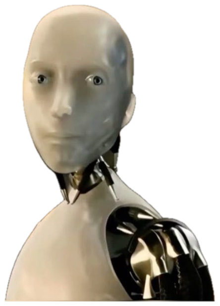 Smooth white humanoid robot staring blankly ahead with an eerily calm, expressionless face sticker