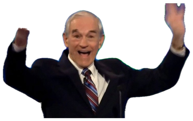 Older man throwing both arms up in wild excitement in front of a laser light show sticker