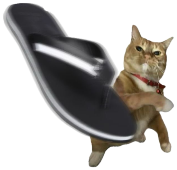 Orange cat swinging a giant flip-flop, labeled 'Slipper' sticker