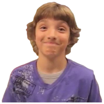 Kid with shaggy hair pressing his lips together in an awkward, guilty little smile sticker