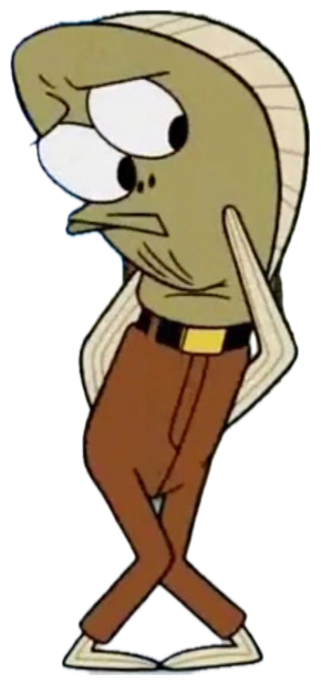 Anxious SpongeBob fish character hunched with hands clasped and nervous squinting eyes sticker