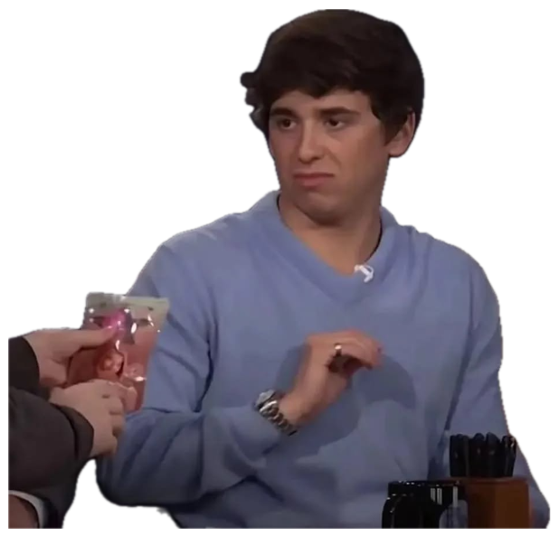 Young man in a blue sweater on a talk show giving a skeptical side glance sticker
