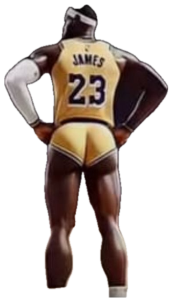Exaggerated stylized figure in a Lakers JAMES 23 jersey standing hands-on-hips on the court sticker