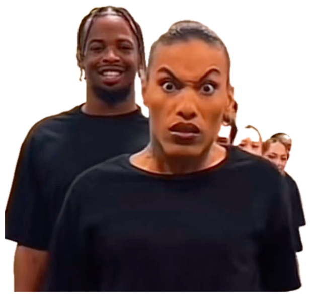 Woman in front pulling a bug-eyed furious face while a man grins behind her sticker