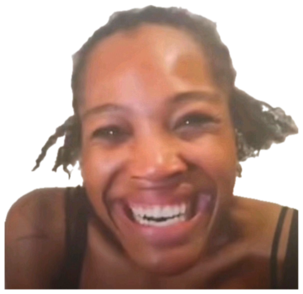 Woman on a video call cracking up with a huge open-mouthed laugh sticker