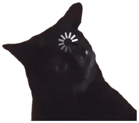 Black cat tilting its head with a spinning loading wheel over its face sticker