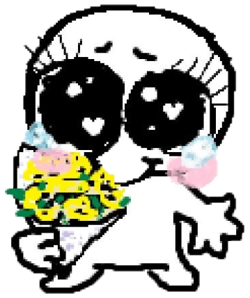 Chibi cartoon creature with huge heart-shaped eyes holding flowers and blushing, crying softly sticker