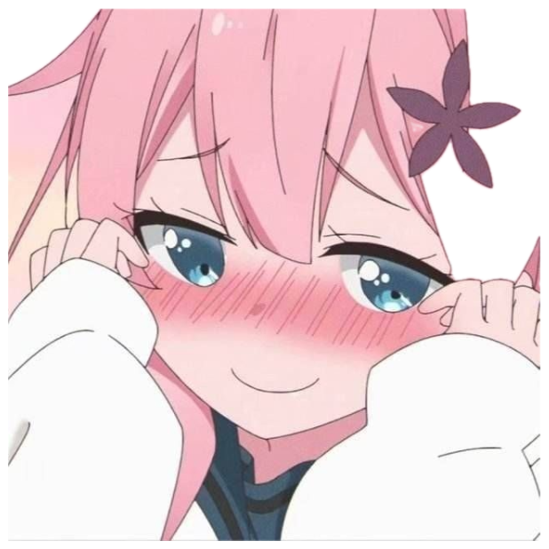 Pink-haired anime girl blushing with a shy smug smile, peeking over her arms sticker