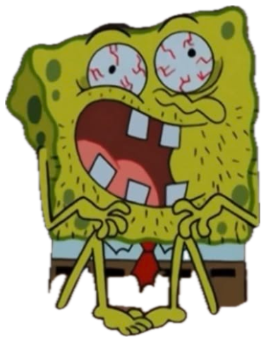 SpongeBob in a swirling vortex with bulging bloodshot eyes and a wide horrified mouth sticker