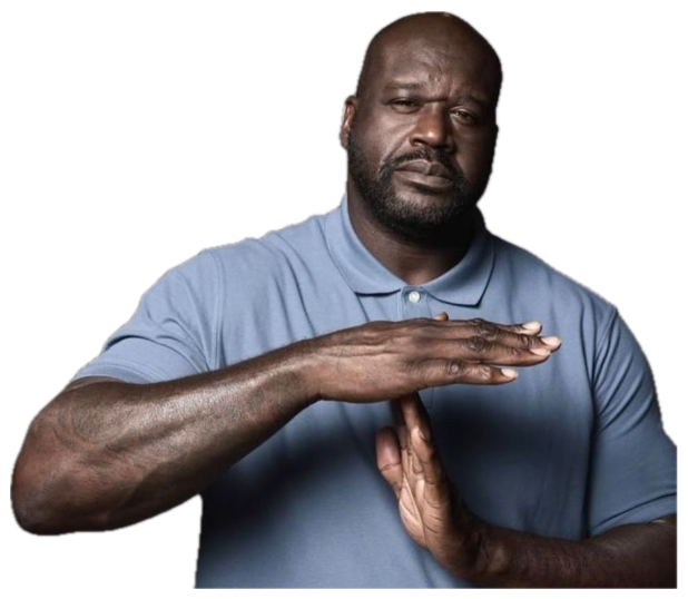 Shaquille O'Neal in a blue polo giving a firm timeout hand gesture with a deadpan stare sticker
