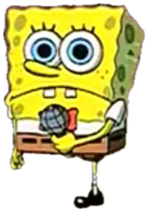 SpongeBob standing alone on stage sweating nervously with a microphone sticker