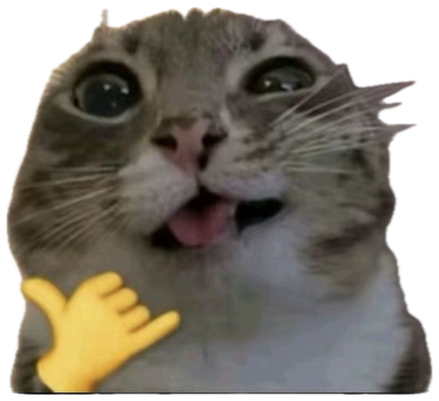 Tabby cat with huge dilated pupils and open mouth, a yellow shaka emoji pointing at it sticker
