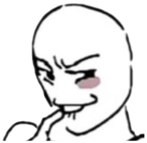 Minimalist stick-figure wojak with a sly smirk and flushed cheek, plotting something sticker