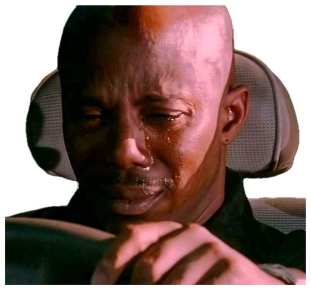 Bald man weeping in a car with his head bowed over the steering wheel sticker