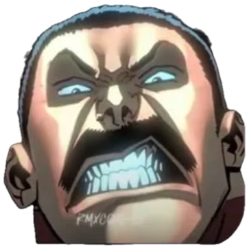 Anime villain close-up with glowing eyes and teeth bared in intense rage, dark dramatic lighting sticker