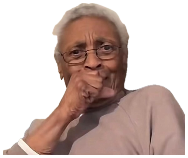 Elderly woman in glasses resting her fist against her lips with a knowing look sticker