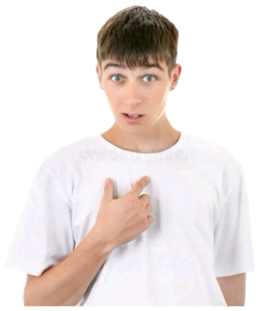 Stock-photo teen pointing at his own chest with a stunned 'who, me?' face sticker
