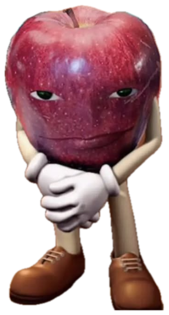 CGI apple character sitting hunched over with a deeply brooding, unimpressed face sticker