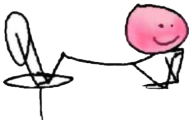 Crude pink-headed stick figure at a computer stretching one long arm across the desk sticker