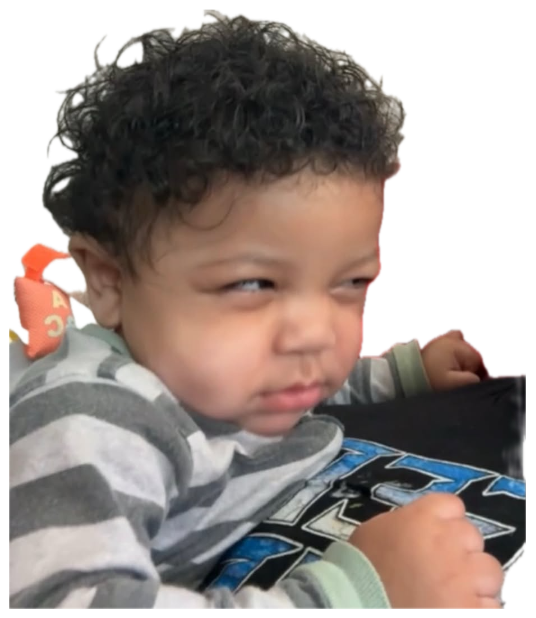 Curly-haired baby giving a scrunched, deeply skeptical side-glance sticker