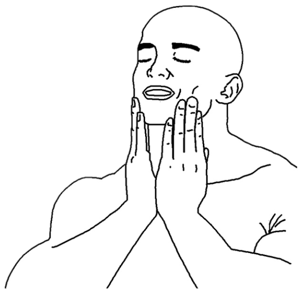 Minimalist line-drawing of the 'feels good man' bald guy with hands pressed together in bliss sticker
