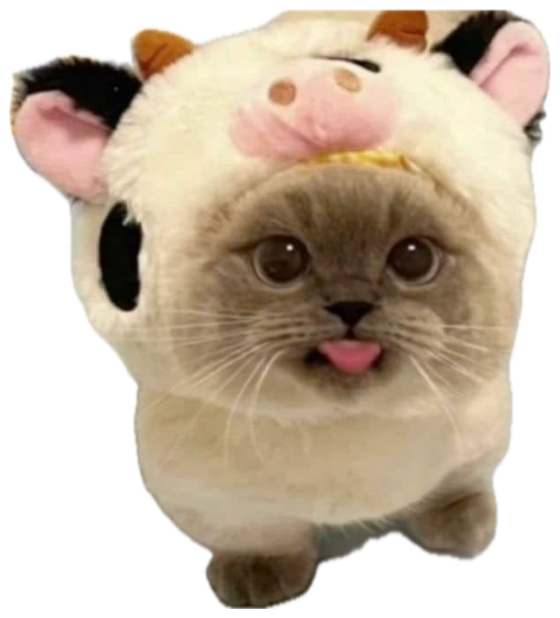 Adorable cat in a cow hood sticking its tongue out slightly, captioned with a flirty nursery rhyme twist sticker